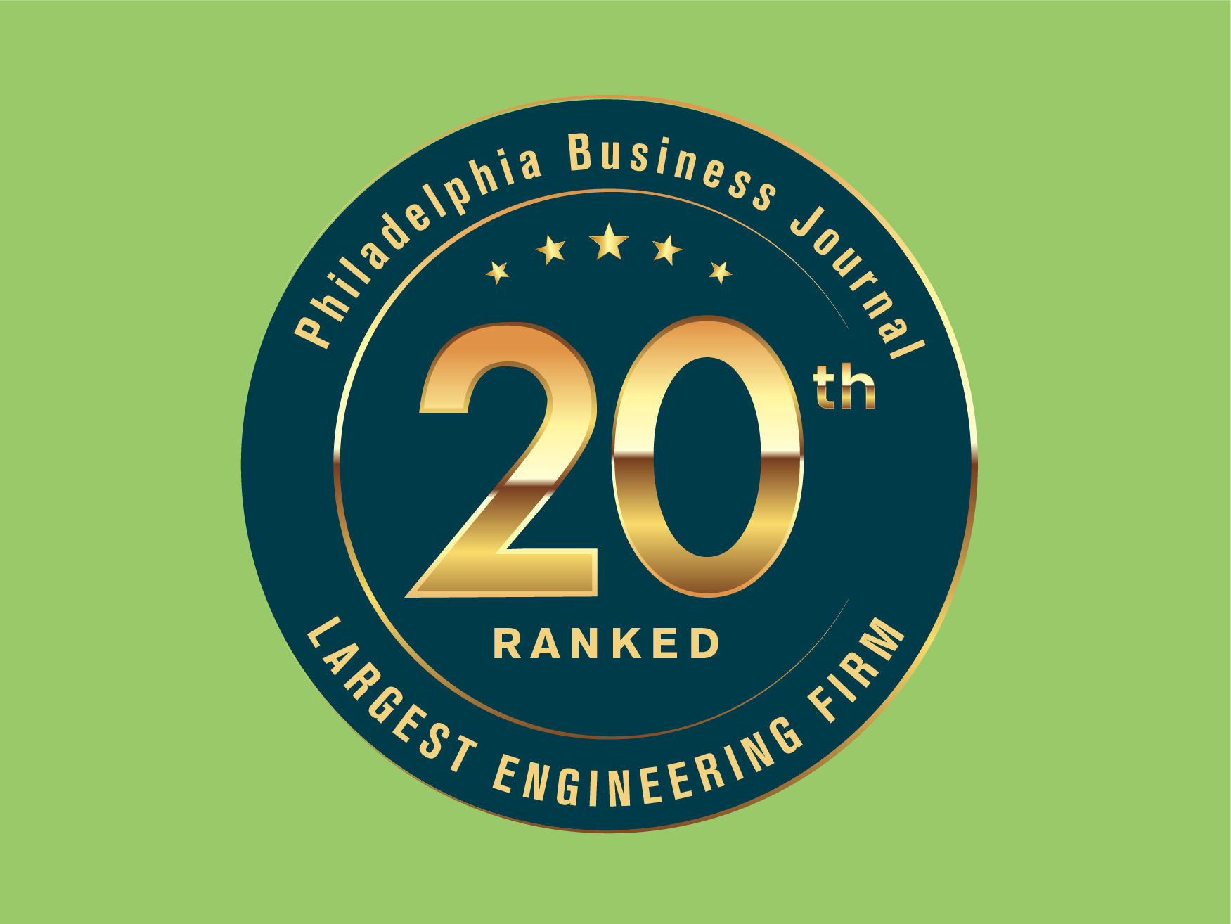 Award seal from the Philadelphia Business Journal recognizing Genesis AEC as the 20th largest engineering firm in the region.
