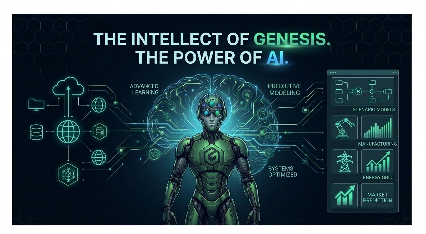 Illustration of a futuristic green cyborg with a 'G' emblem on its chest, standing in front of a glowing digital brain. Text reads 